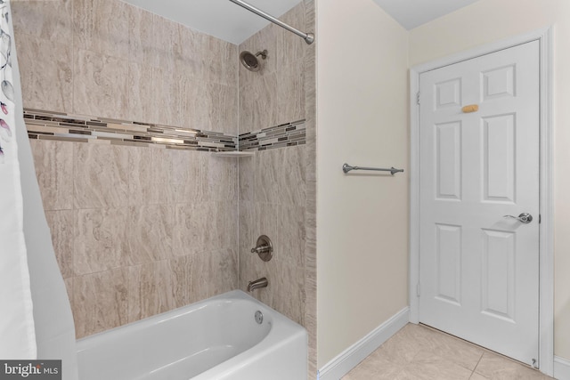 bathroom featuring shower / tub combo with curtain, baseboards, and tile patterned flooring