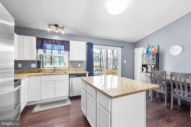 kitchen featuring lofted ceiling, appliances with stainless steel finishes, a sink, and dark wood-type flooring