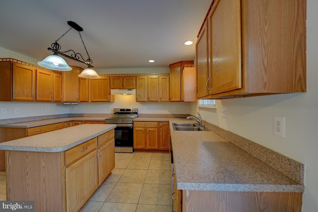 170 Otter Way, Frederica, DE 19946 - kitchen with stainless steel electric range oven, under cabinet range hood, light countertops, recessed lighting, and light tile patterned flooring