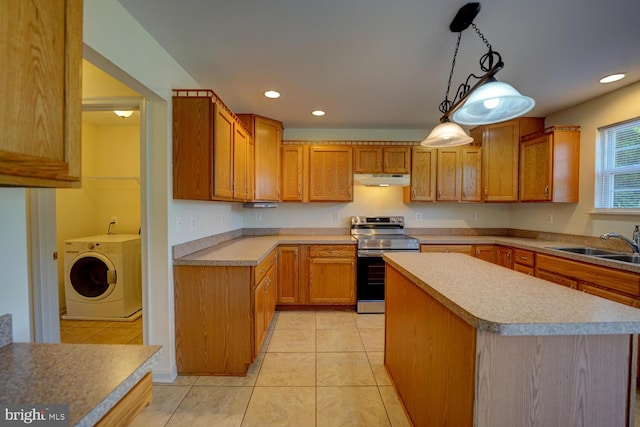 170 Otter Way, Frederica, DE 19946 - kitchen with stainless steel electric stove, under cabinet range hood, light tile patterned flooring, light countertops, and recessed lighting