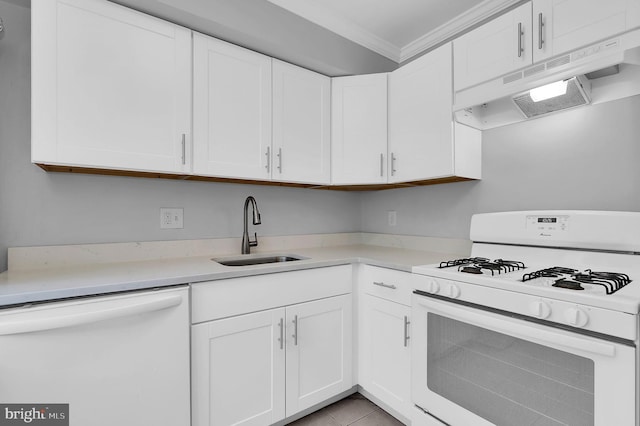 3906 Bel Pre Rd Unit 3906-1, Silver Spring, MD 20906 - kitchen with a sink, white cabinetry, white appliances, under cabinet range hood, and ornamental molding