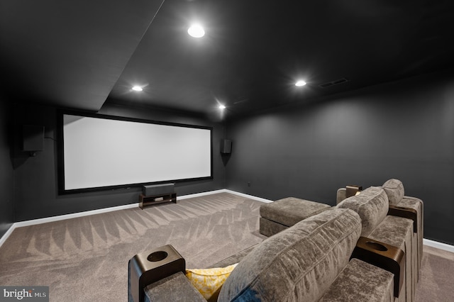 carpeted home theater with baseboards, recessed lighting, and visible vents