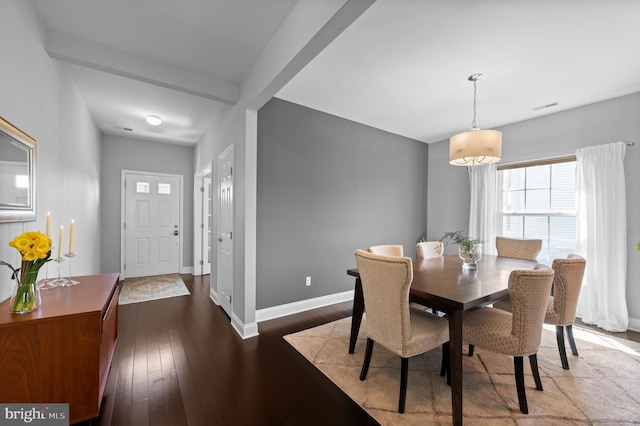 dining room featuring baseboards, visible vents, and dark wood-type flooring