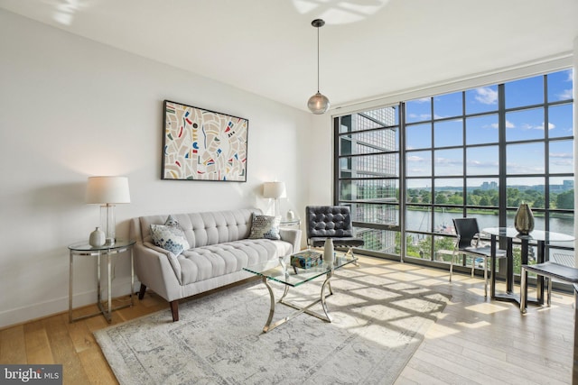 living area with expansive windows, a water view, baseboards, and wood-type flooring
