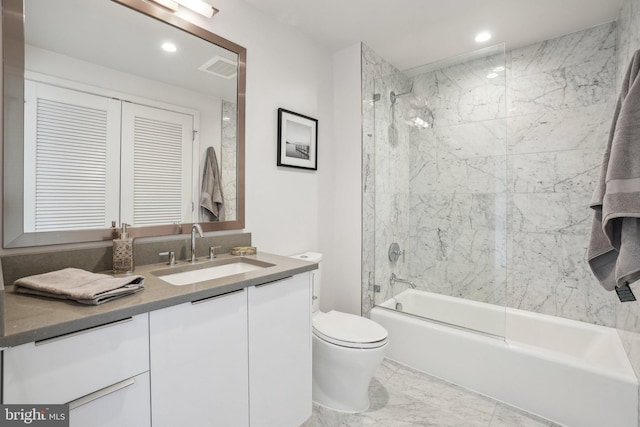 full bathroom with toilet, recessed lighting, marble finish floor, vanity, and shower / bathtub combination