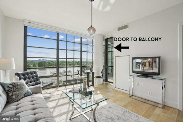 living room with floor to ceiling windows, visible vents, and wood-type flooring