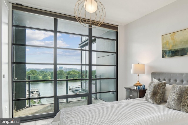 bedroom featuring a water view, multiple windows, and floor to ceiling windows