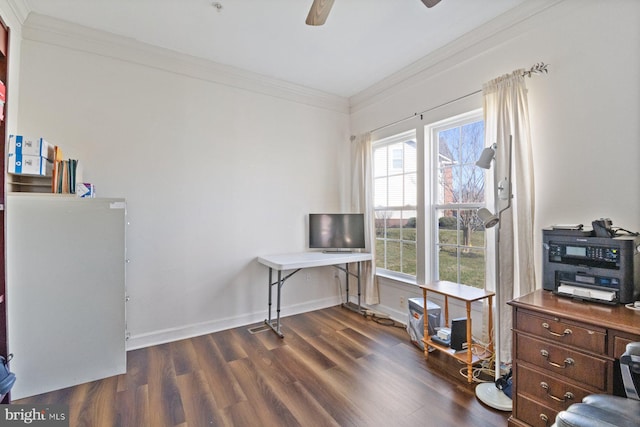 office space featuring baseboards, a ceiling fan, wood finished floors, and crown molding