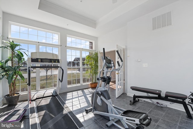 exercise area with plenty of natural light, baseboards, visible vents, and crown molding