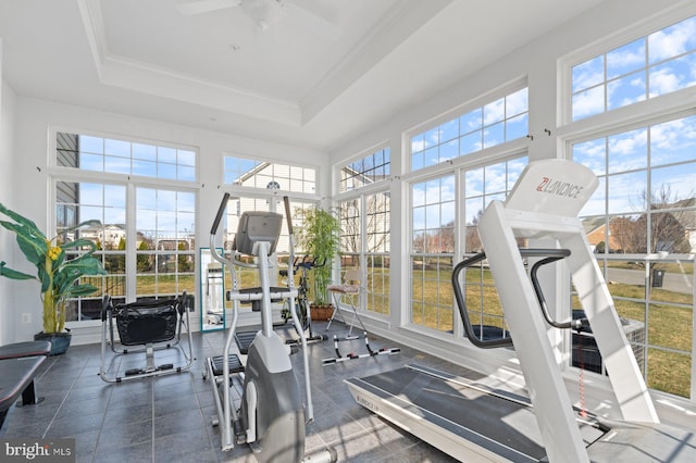 workout area with a high ceiling, a ceiling fan, crown molding, and a raised ceiling
