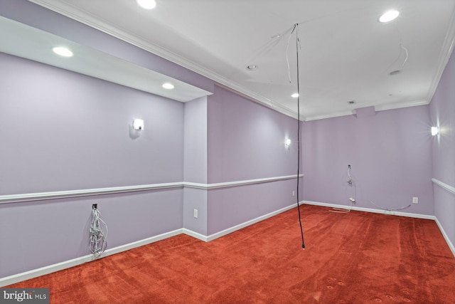 basement with recessed lighting, carpet, crown molding, and baseboards