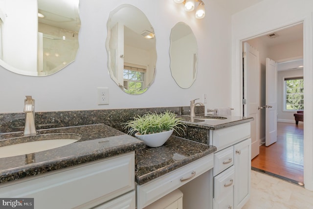 bathroom with visible vents, two vanities, and a sink