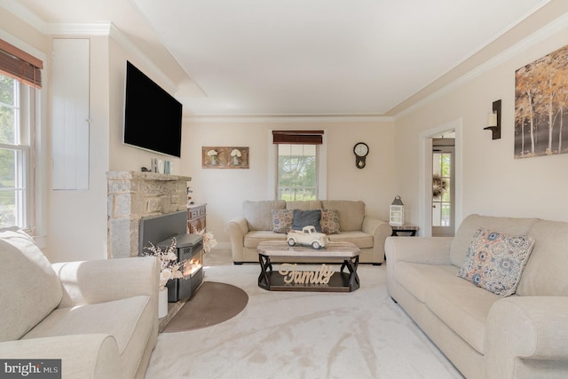 carpeted living area with ornamental molding