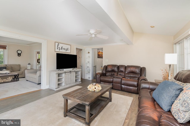 living area with ceiling fan and wood finished floors