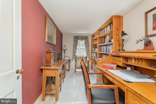 office with baseboards and light carpet