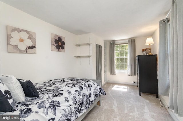 bedroom with light carpet