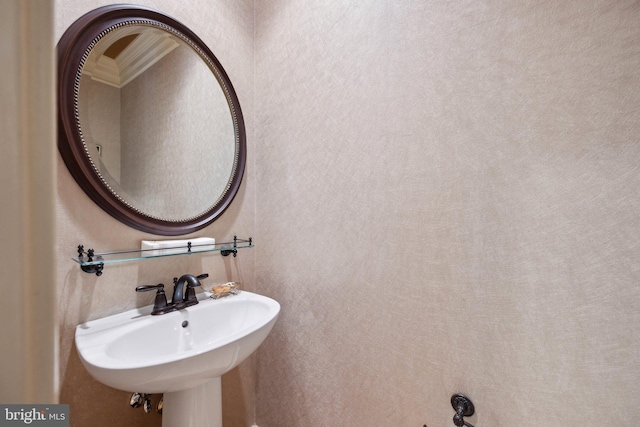 bathroom featuring a textured wall, crown molding, and a sink