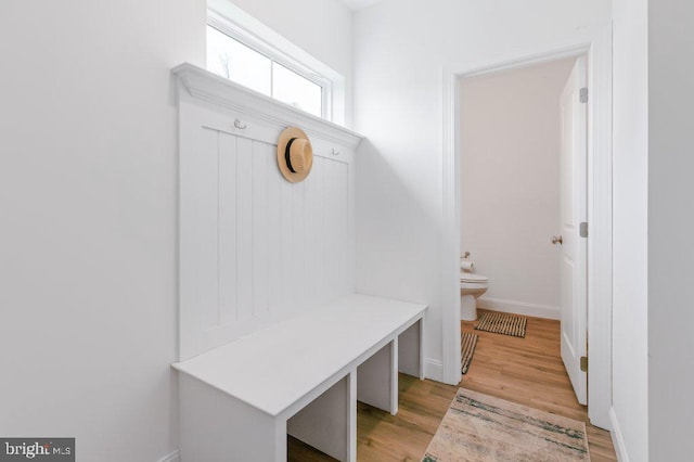 mudroom featuring baseboards and light wood-style floors