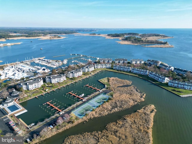 drone / aerial view featuring a water view