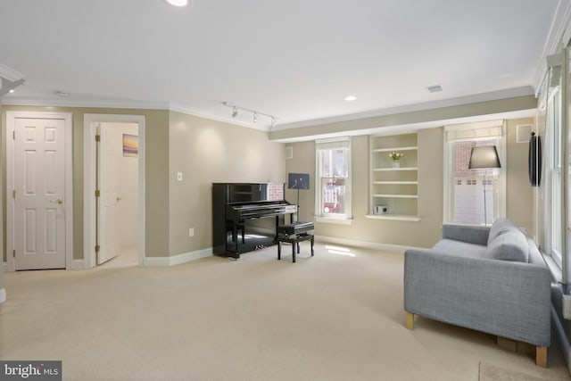 interior space with crown molding, recessed lighting, and baseboards