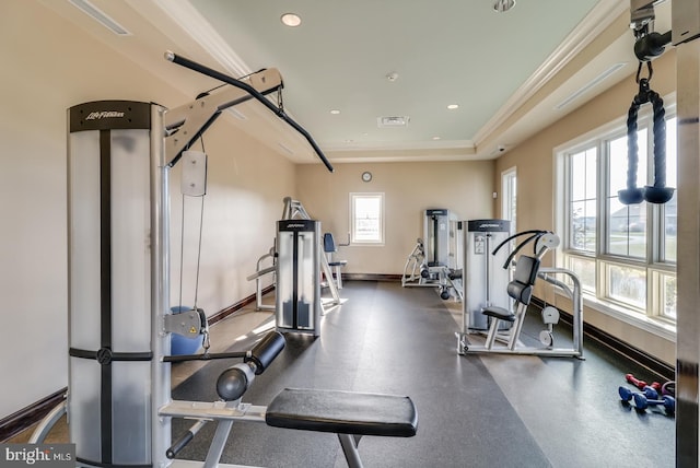 gym with crown molding, visible vents, baseboards, and recessed lighting
