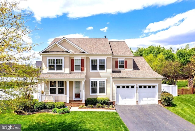 16452 Chattanooga Ln, Woodbridge, VA 22191 - view of front of home featuring driveway, a porch, fence, a garage, and a front yard