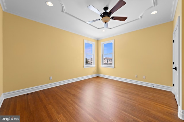 unfurnished room with recessed lighting, ornamental molding, ceiling fan, and wood finished floors
