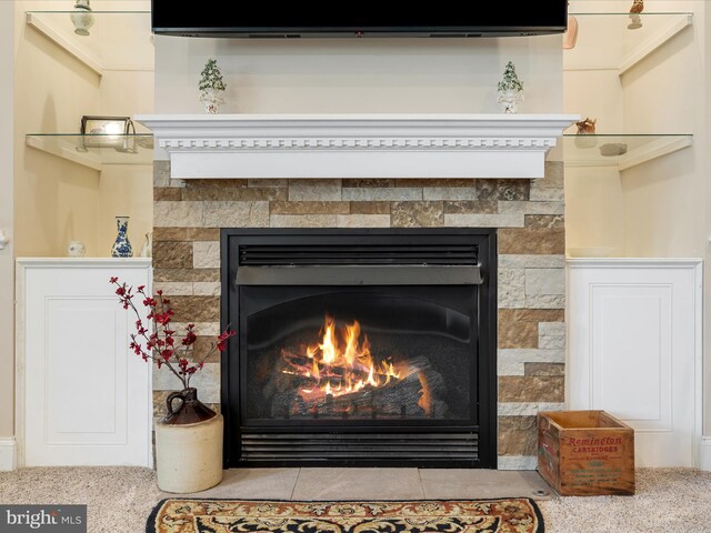 details featuring a lit fireplace