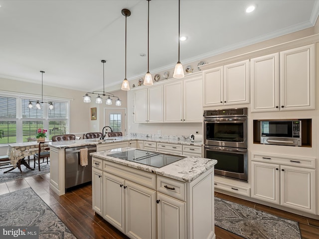 kitchen with a peninsula, crown molding, stainless steel appliances, and a sink