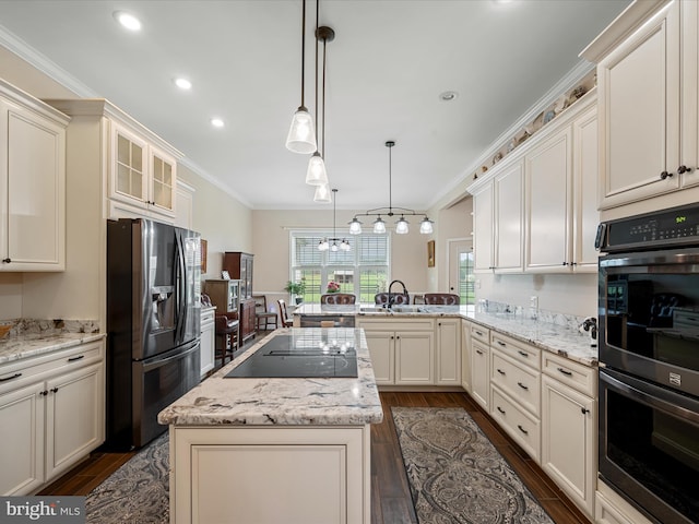 kitchen featuring dark wood finished floors, ornamental molding, a sink, a peninsula, and appliances with stainless steel finishes