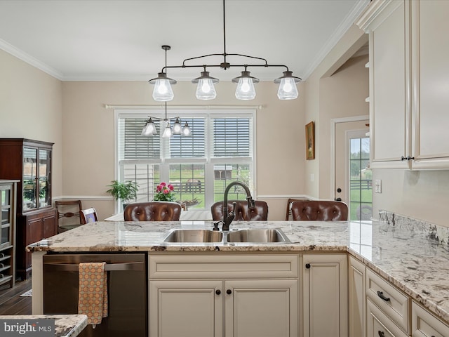 kitchen with dishwasher, ornamental molding, light stone counters, and a sink