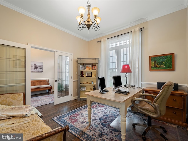 home office featuring french doors, baseboards, an inviting chandelier, wood finished floors, and ornamental molding