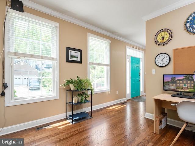 3325 Cedar Dr, Edgewater, MD 21037 - office area with crown molding, baseboards, wood finished floors, and visible vents