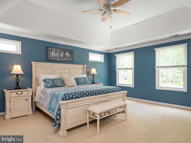 3325 Cedar Dr, Edgewater, MD 21037 - bedroom featuring a tray ceiling, baseboards, light colored carpet, and visible vents