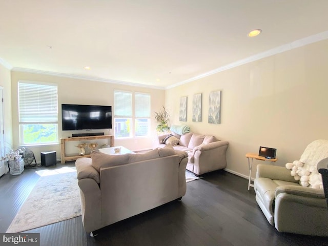 living room with recessed lighting, dark wood finished floors, and ornamental molding