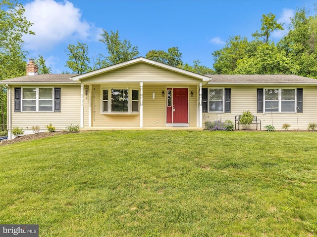 13240 Edgemont Rd, Smithsburg, MD 21783 - ranch-style house with a front yard, a chimney, covered porch, and a shingled roof
