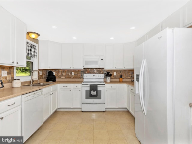 13240 Edgemont Rd, Smithsburg, MD 21783 - kitchen with white appliances, a sink, white cabinetry, tasteful backsplash, and recessed lighting