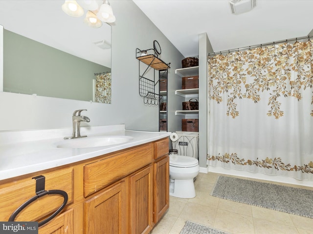 13240 Edgemont Rd, Smithsburg, MD 21783 - bathroom with toilet, vanity, tile patterned floors, and shower / tub combo with curtain