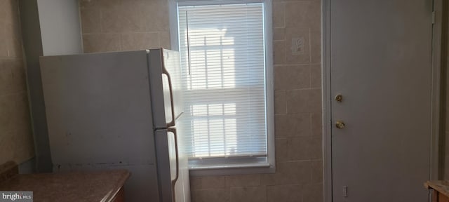 kitchen with freestanding refrigerator and a healthy amount of sunlight