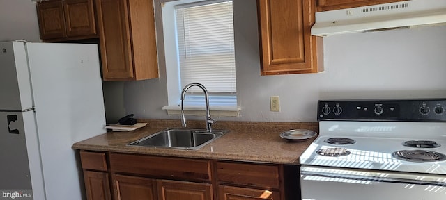 kitchen featuring dark countertops, a sink, electric range oven, under cabinet range hood, and freestanding refrigerator