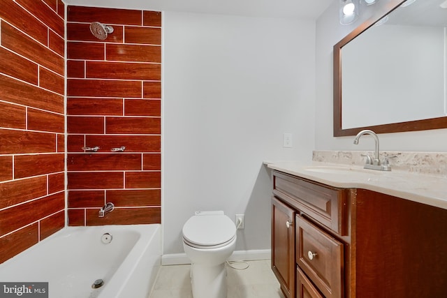 full bathroom featuring vanity, baseboards, toilet, shower / bathtub combination, and tile patterned flooring