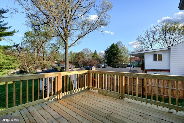 wooden terrace featuring a fenced backyard