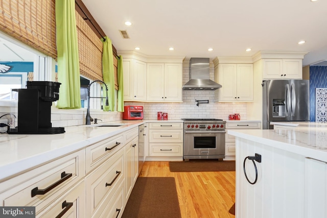 kitchen with wall chimney exhaust hood, tasteful backsplash, a sink, light wood finished floors, and stainless steel appliances