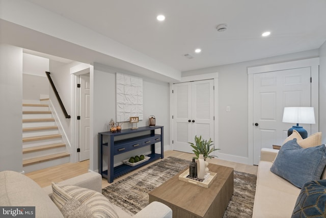 3838 13th St N, Arlington, VA 22201 - living area with stairway, recessed lighting, light wood-style floors, and baseboards