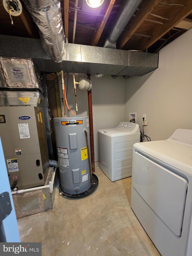 clothes washing area with heating unit, water heater, laundry area, and washing machine and dryer