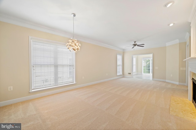 20449 Rosses Point Ct, Ashburn, VA 20147 - unfurnished living room featuring light carpet, ornamental molding, a fireplace with flush hearth, a chandelier, and ceiling fan