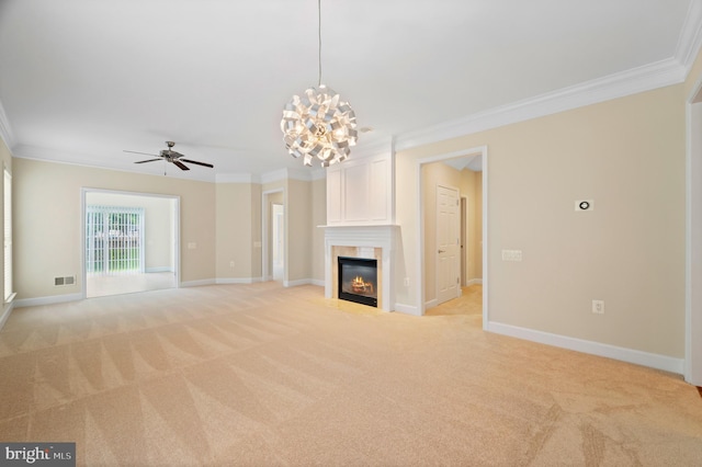 20449 Rosses Point Ct, Ashburn, VA 20147 - unfurnished living room featuring crown molding, light carpet, ceiling fan, a fireplace with flush hearth, and a chandelier