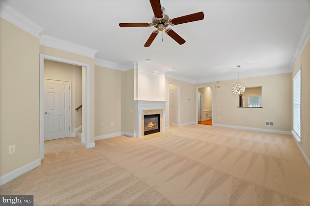 20449 Rosses Point Ct, Ashburn, VA 20147 - unfurnished living room featuring light carpet, ceiling fan, ornamental molding, a large fireplace, and stairs