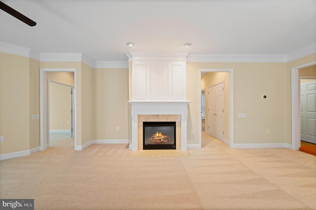 20449 Rosses Point Ct, Ashburn, VA 20147 - unfurnished living room with crown molding, a fireplace, light colored carpet, and a ceiling fan