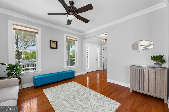 3 Union St, Robbinsville, NJ 08691 - interior space featuring baseboards, ornamental molding, ceiling fan, and wood finished floors